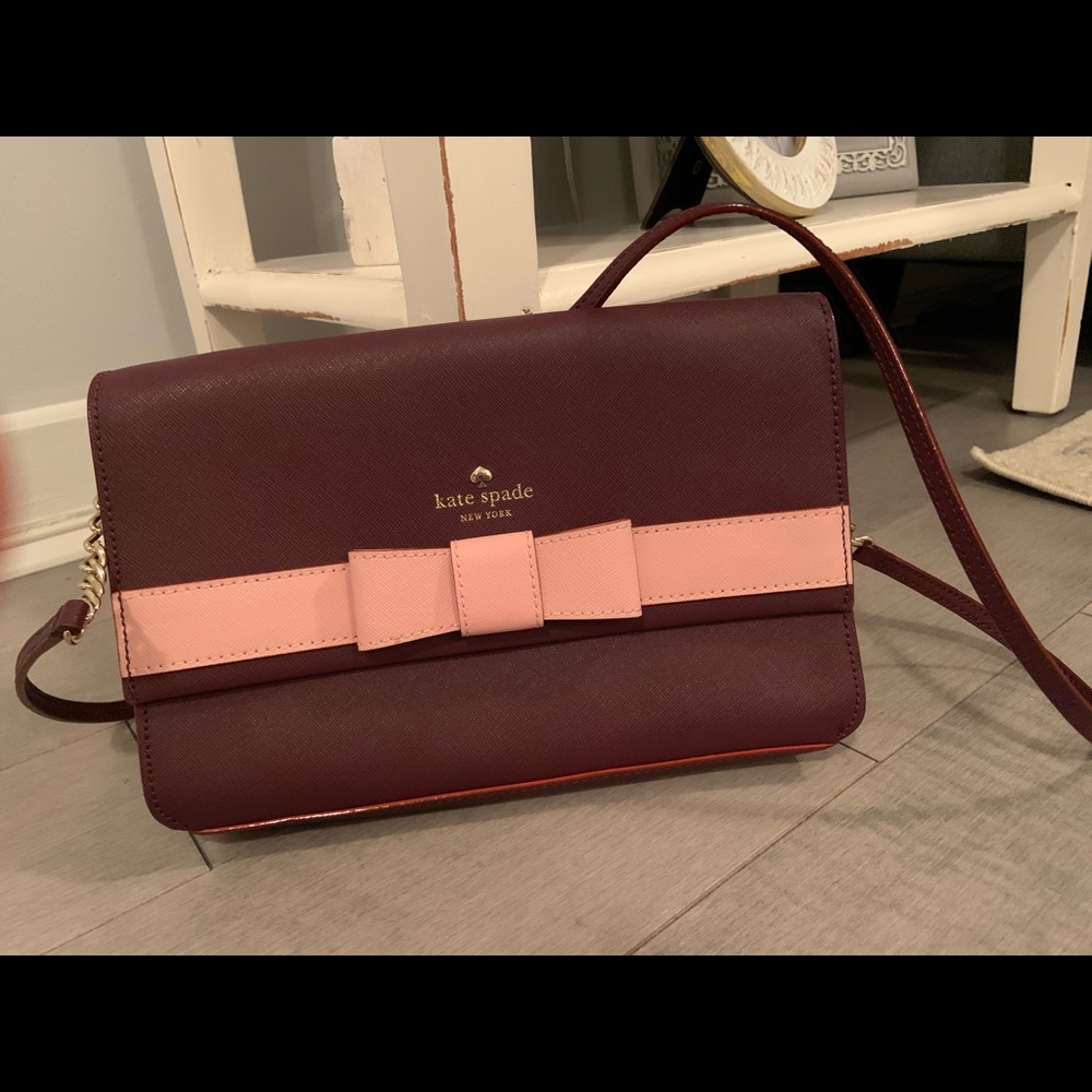 Maroon and light pink Kate Spade cross body bag